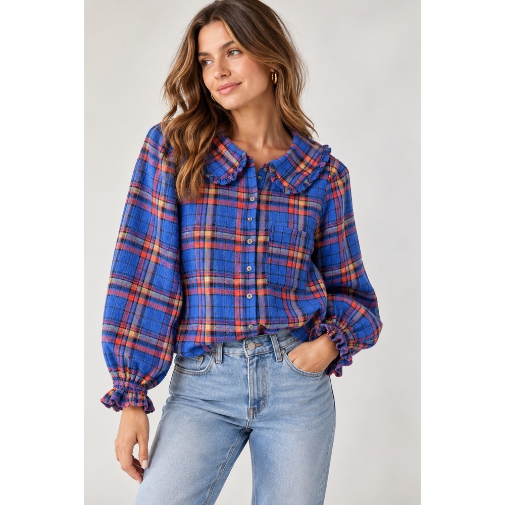 Pilcro Anthropologie Blue Plaid Ruffle Collar Blouse Small